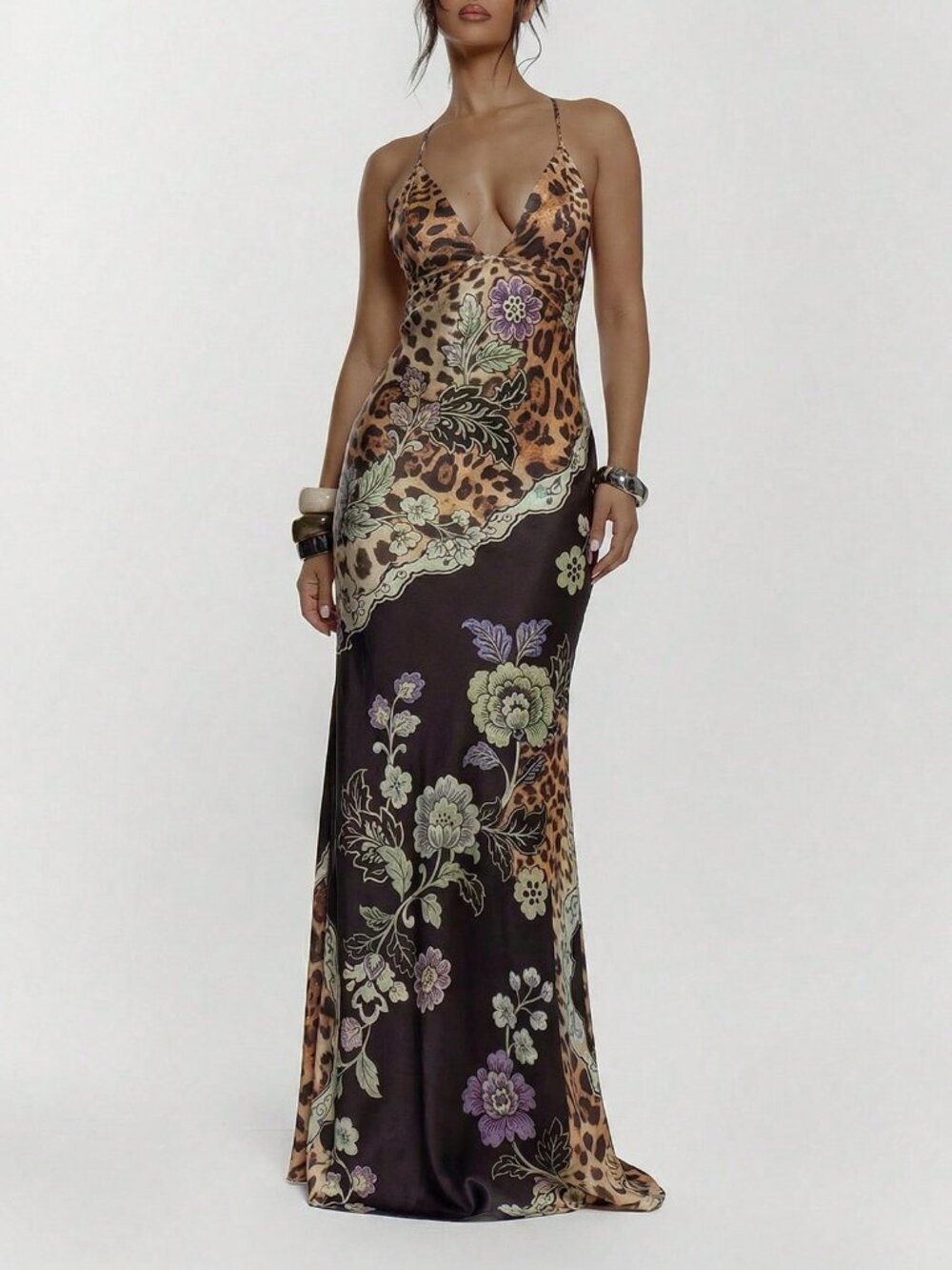 multicolor Lace-Up Women's Fitted Animal Print Maxi Dress - Picture 4 of 5